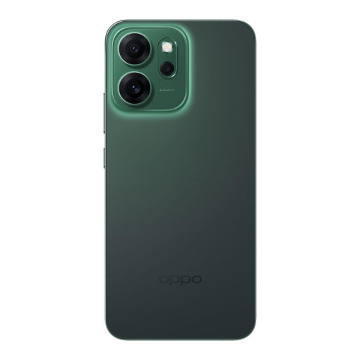An OPPO smartphone shown from the back, featuring a dark green to black gradient finish with a matching green camera module and a subtle OPPO logo near the bottom.