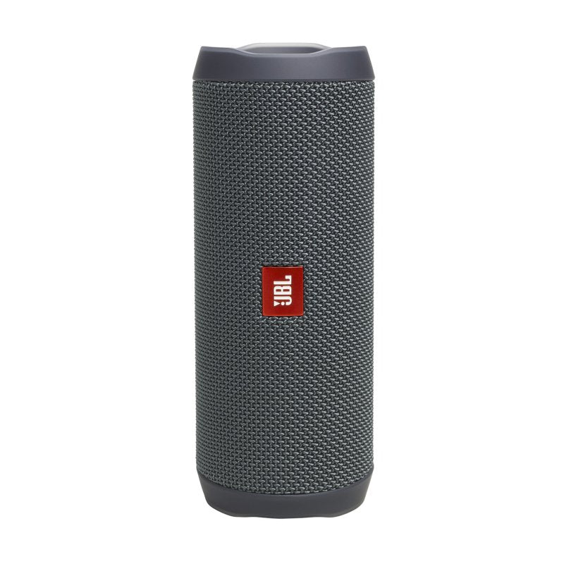 A JBL portable Bluetooth speaker in dark gray with a textured fabric grille and a red JBL logo on the front, set against a plain white background.
