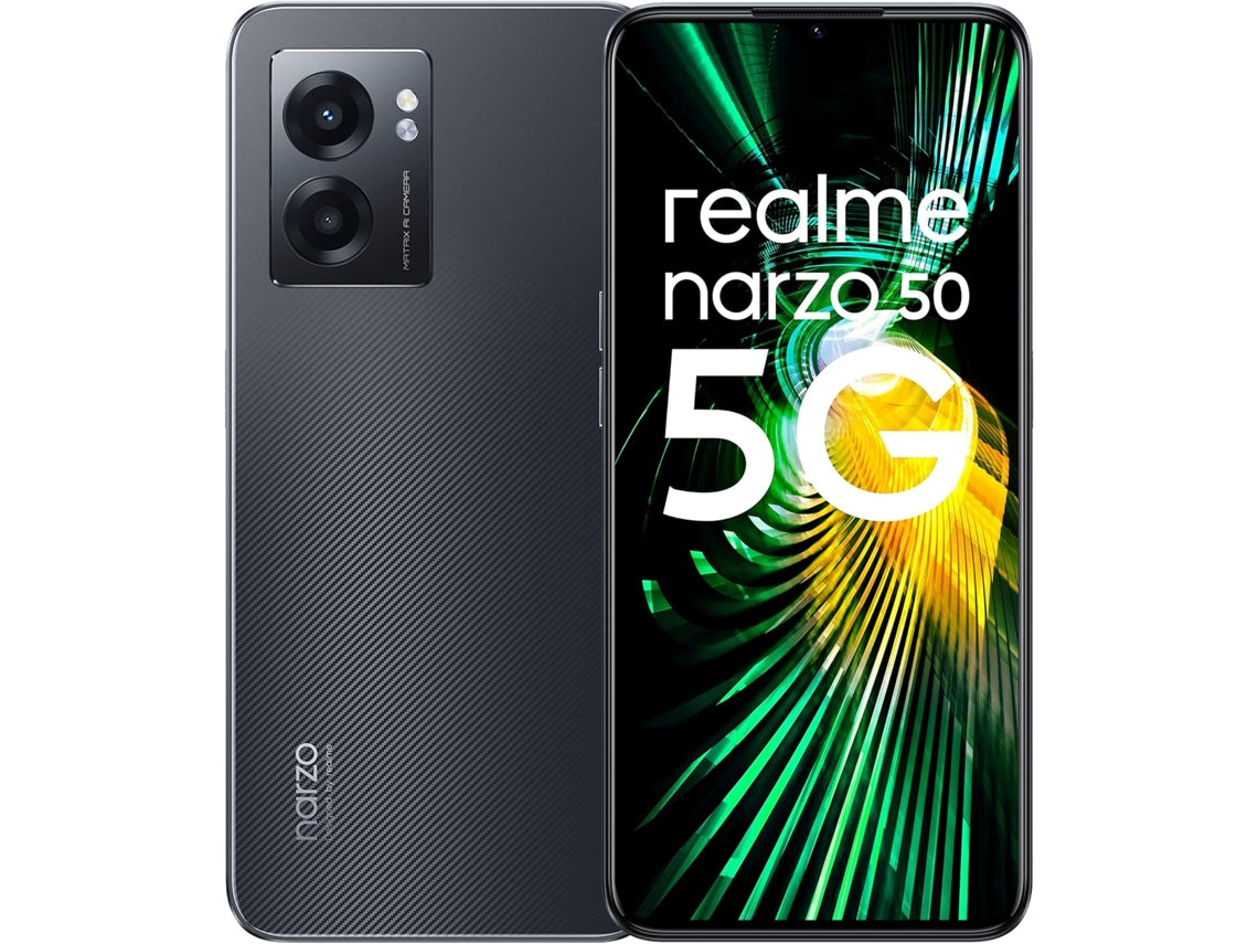 Realme Narzo 50 5G smartphone shown from the back and front. The back is a dark textured gray with a vertical camera bar, and the front display shows the Realme logo and a colorful green and yellow 5G graphic.