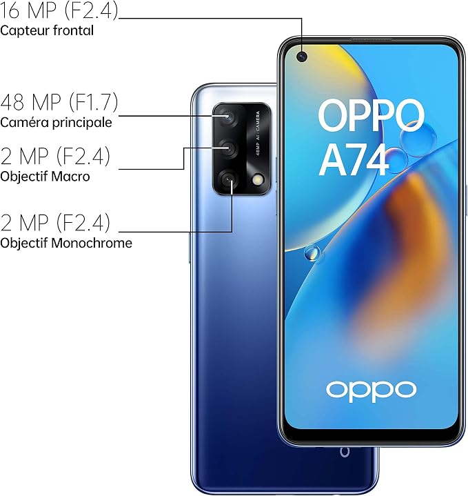 Blue OPPO A74 smartphone shown from front and back with French camera specification labels pointing to the front sensor, main 48 MP camera, two 2 MP macro lenses, and monochrome lens.