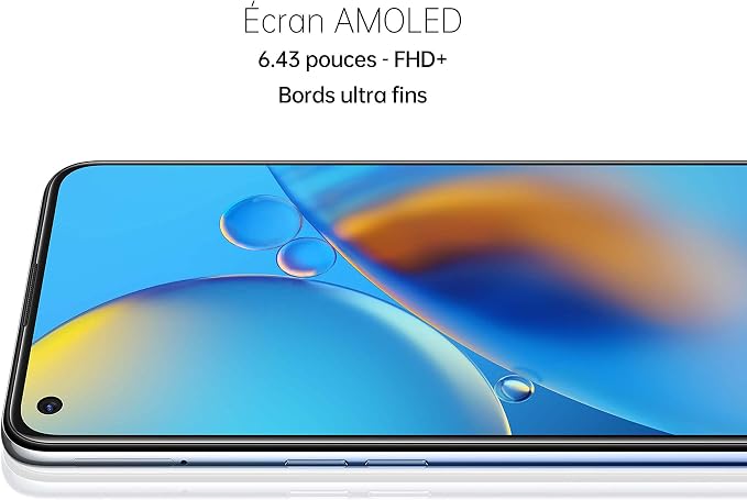 A close-up of a smartphone showing an AMOLED screen with a blue and orange abstract wallpaper. Text above reads 'Écran AMOLED', '6.
