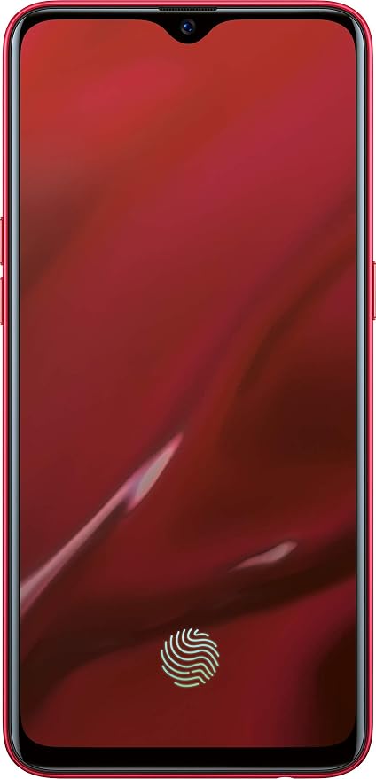 Red smartphone shown from the front with a glossy red screen and a small circular fingerprint sensor near the bottom, set against a dark background.