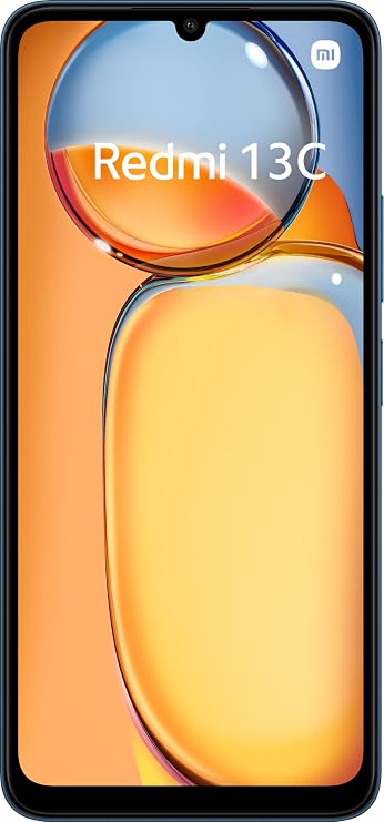 Redmi 13C smartphone shown from the front with a black bezel and a colorful orange-and-yellow wallpaper on the screen.