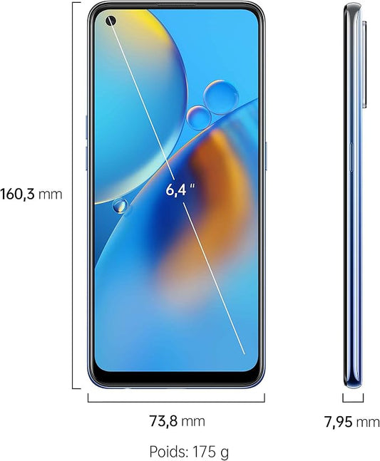 A smartphone shown from the front and side with overlaid dimensions: 160,3 mm height, 73,8 mm width, 7,95 mm thickness, and 175 g weight. The screen displays a blue abstract wallpaper.