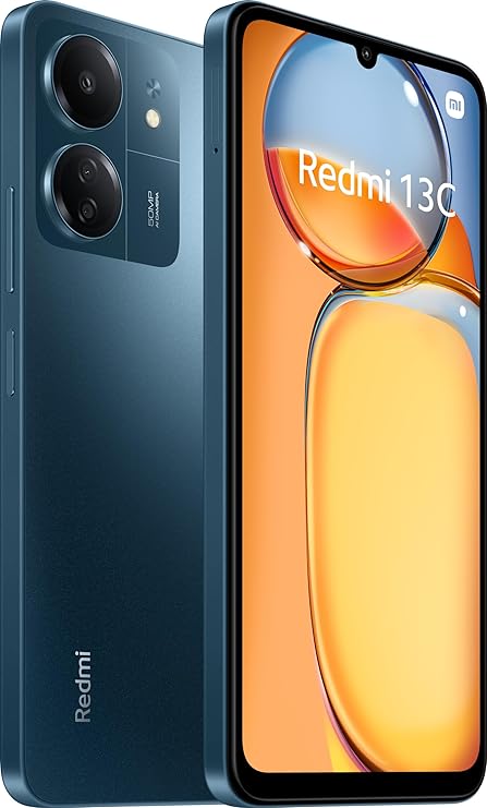 Redmi 13C smartphone shown from the back and front, with a dark blue metallic finish and a bright orange-and-blue display on a clean white background.
