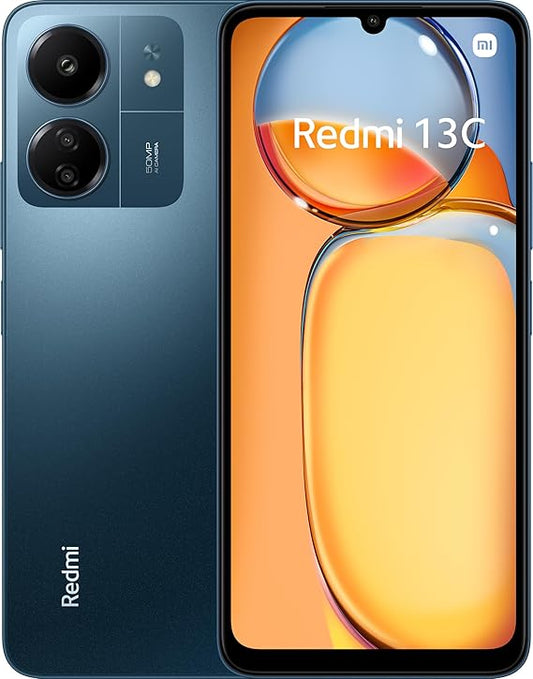 Redmi 13C smartphone shown from the back and front. The back panel is a dark teal-blue color with a large rectangular camera module and the Redmi logo near the bottom.