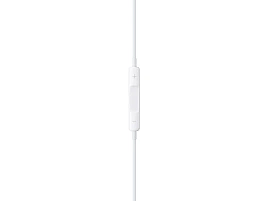 A white wired in-ear headphone controller with a central inline remote and volume plus-minus buttons, shown vertically against a plain white background.