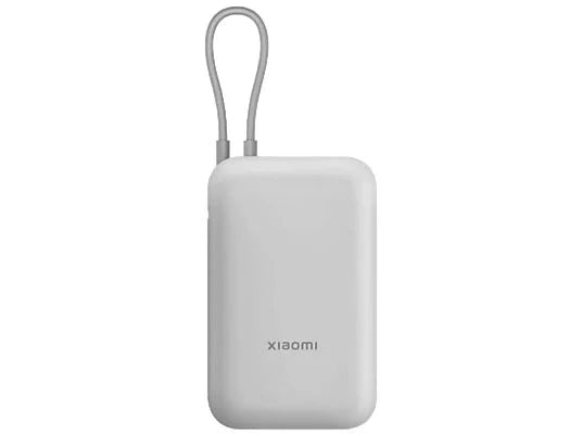 A white Xiaomi portable power bank with a gray carrying strap, shown on a plain white background.