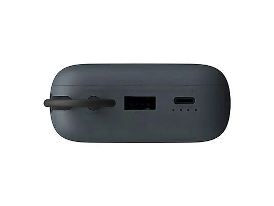 A dark gray portable power bank shown from the back, featuring a matte finish, a built-in carrying handle, a digital status display, and port connectors on a plain white background.