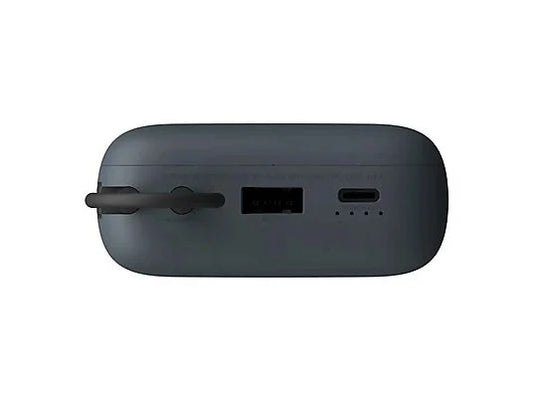 A dark gray portable power bank shown from the back, featuring a matte finish, a built-in carrying handle, a digital status display, and port connectors on a plain white background.