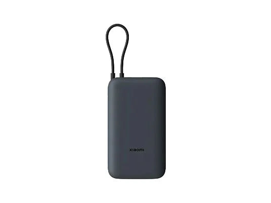 A dark gray Xiaomi portable power bank with a black carrying loop, shown on a plain white background.