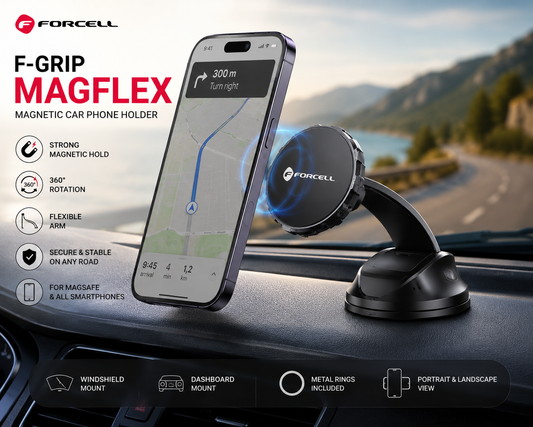 Forcell F-Grip Magflex magnetic car phone holder mounted on a windshield dashboard, holding a smartphone. The image includes product features and specifications text on the left, and a bottom banner showing included accessories.