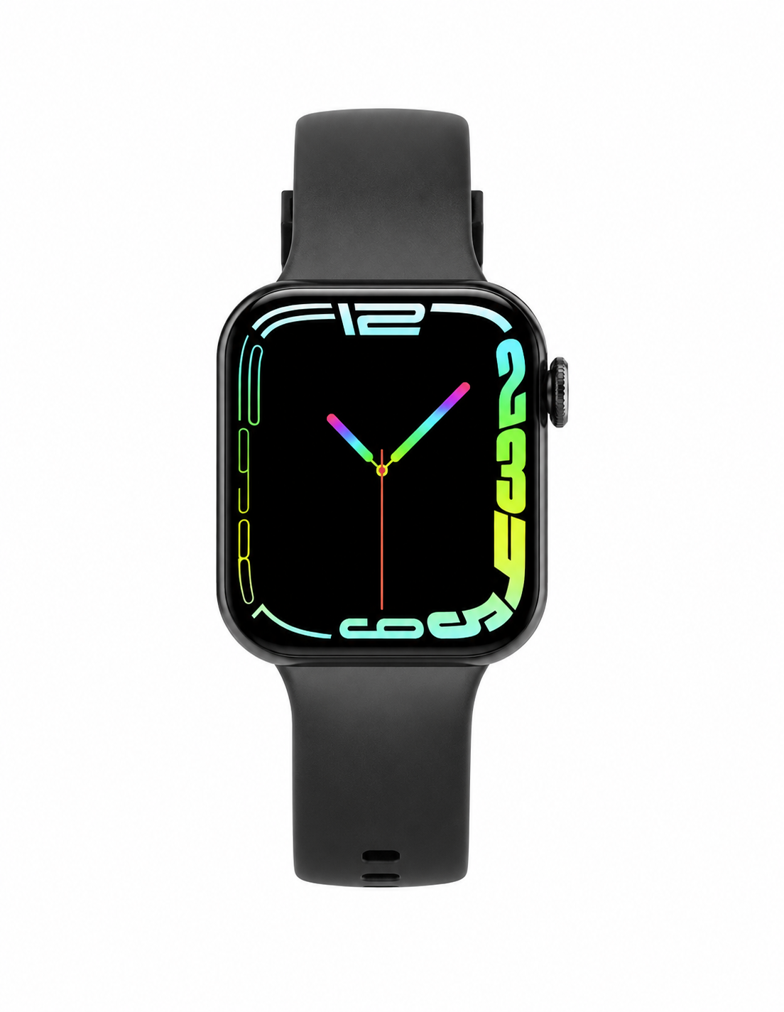A black smartwatch with a rectangular rounded-corner case and matching black band, shown on a plain white background. The watch face is black with colorful neon-style digital clock hands and decorative border graphics in cyan, green, yellow, and pink.