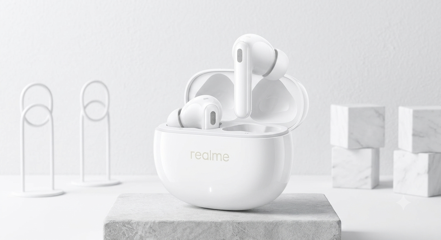 White realme wireless earbuds in an open charging case, displayed on a light gray stone pedestal with a minimalist white background and marble blocks.