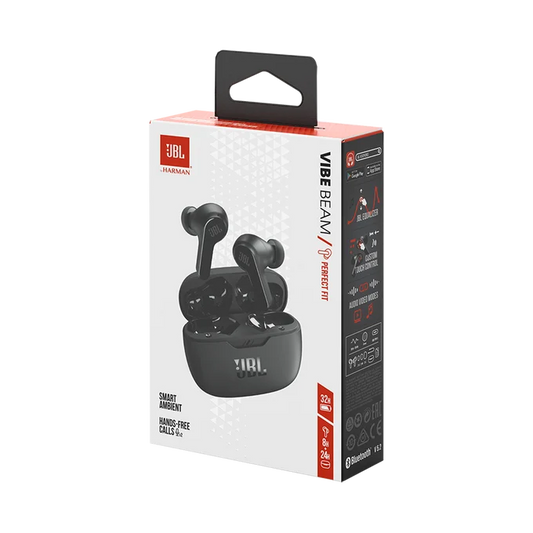 JBL Vibe Beam True Wireless In-Ear Headphones retail packaging box, featuring a black and white design with red accents, on a solid white background.