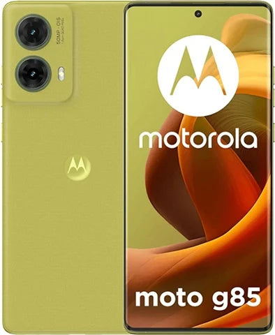 Motorola Moto G85 smartphone shown from the back and front, in a yellow-green color. The back features a dual-camera module and a circular Moto logo, while the front display shows the Motorola logo and a colorful abstract wallpaper.