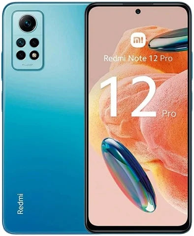 Redmi Note 12 Pro smartphone shown from the back and front. The back features a vibrant blue-to-teal gradient finish with a vertical camera bar, and the front displays a colorful peach-and-blue wallpaper with the Xiaomi and Redmi branding.
