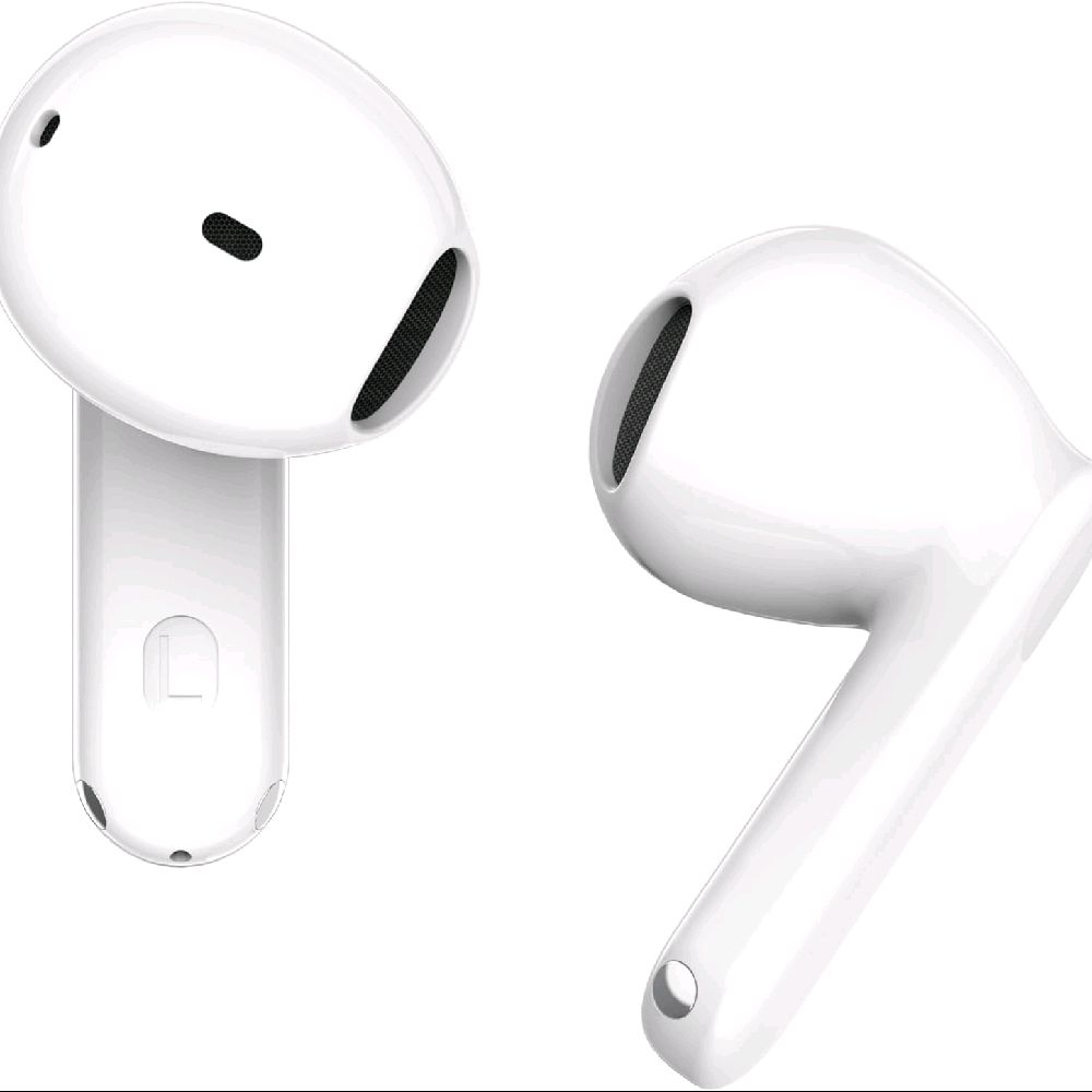 Two white wireless earbuds shown on a plain white background, one from the front and one from a side angle.