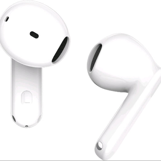 Two white wireless earbuds shown on a plain white background, one from the front and one from a side angle.