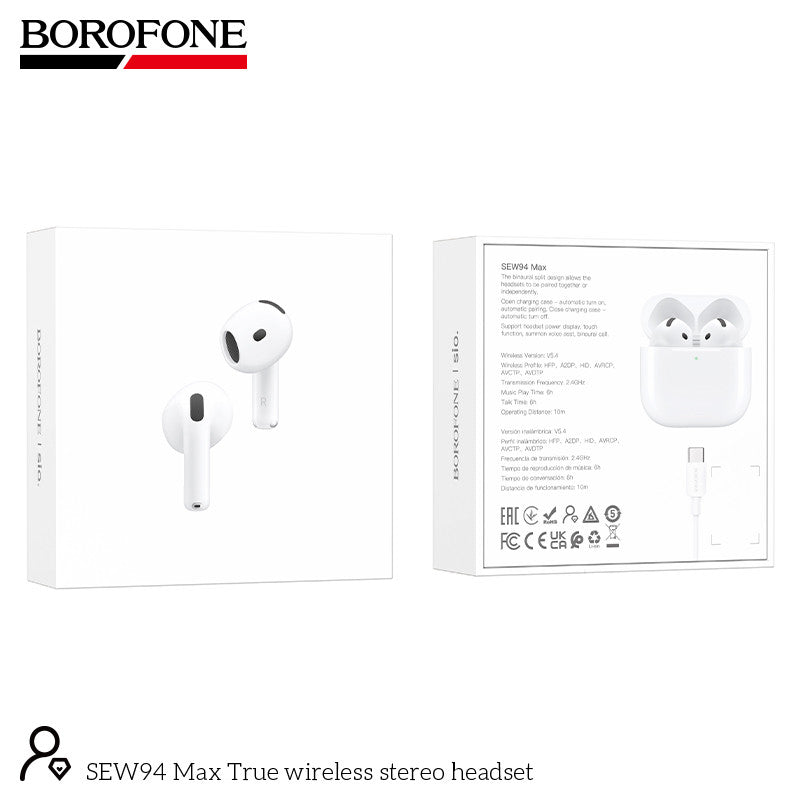 Borofone SEW94 Max True wireless stereo headset shown with its white retail packaging, displaying both the front and back of the box on a clean white background.