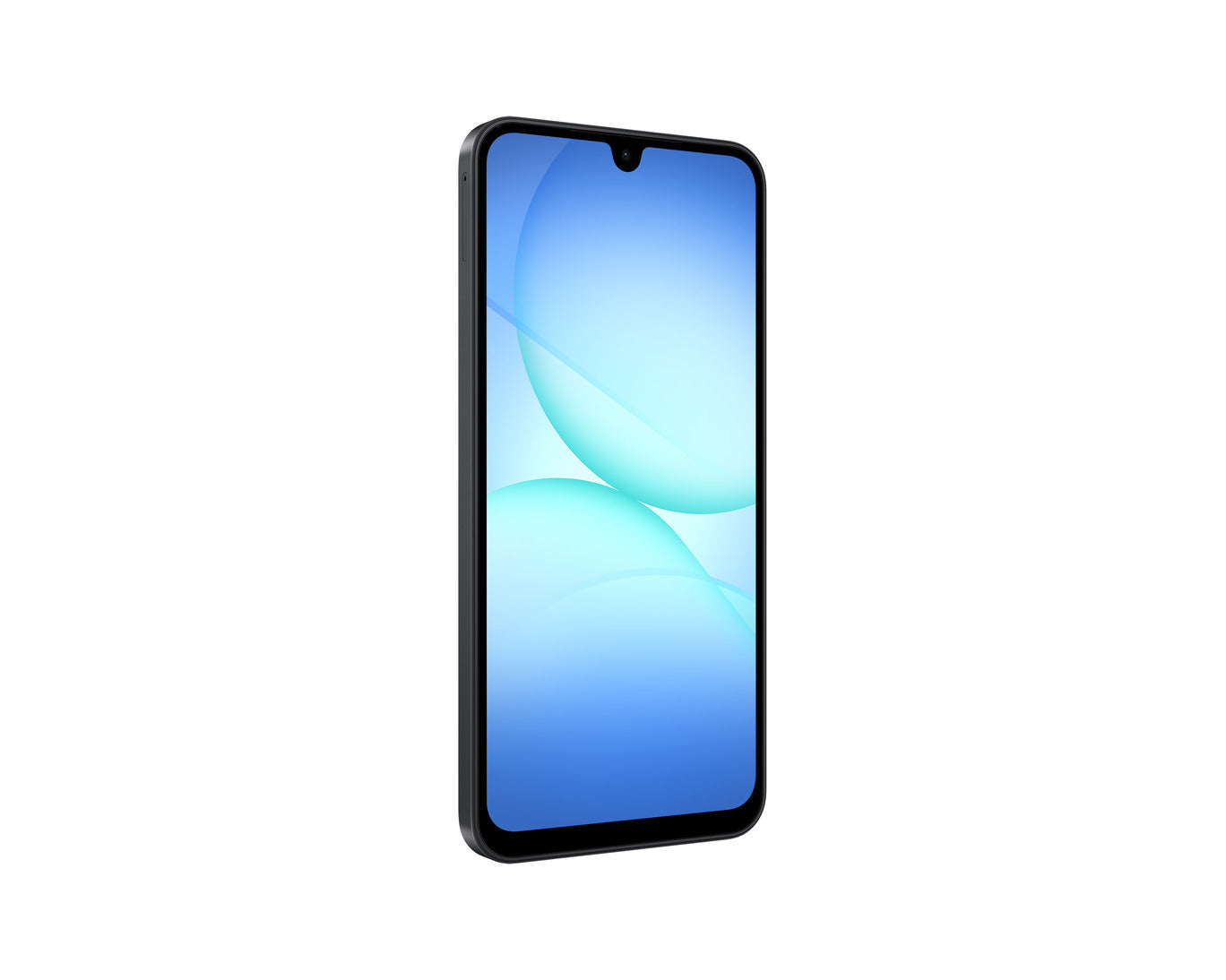 A black smartphone with a large front-facing screen and a blue and light blue abstract wallpaper, shown from a front-facing angle on a plain white background.