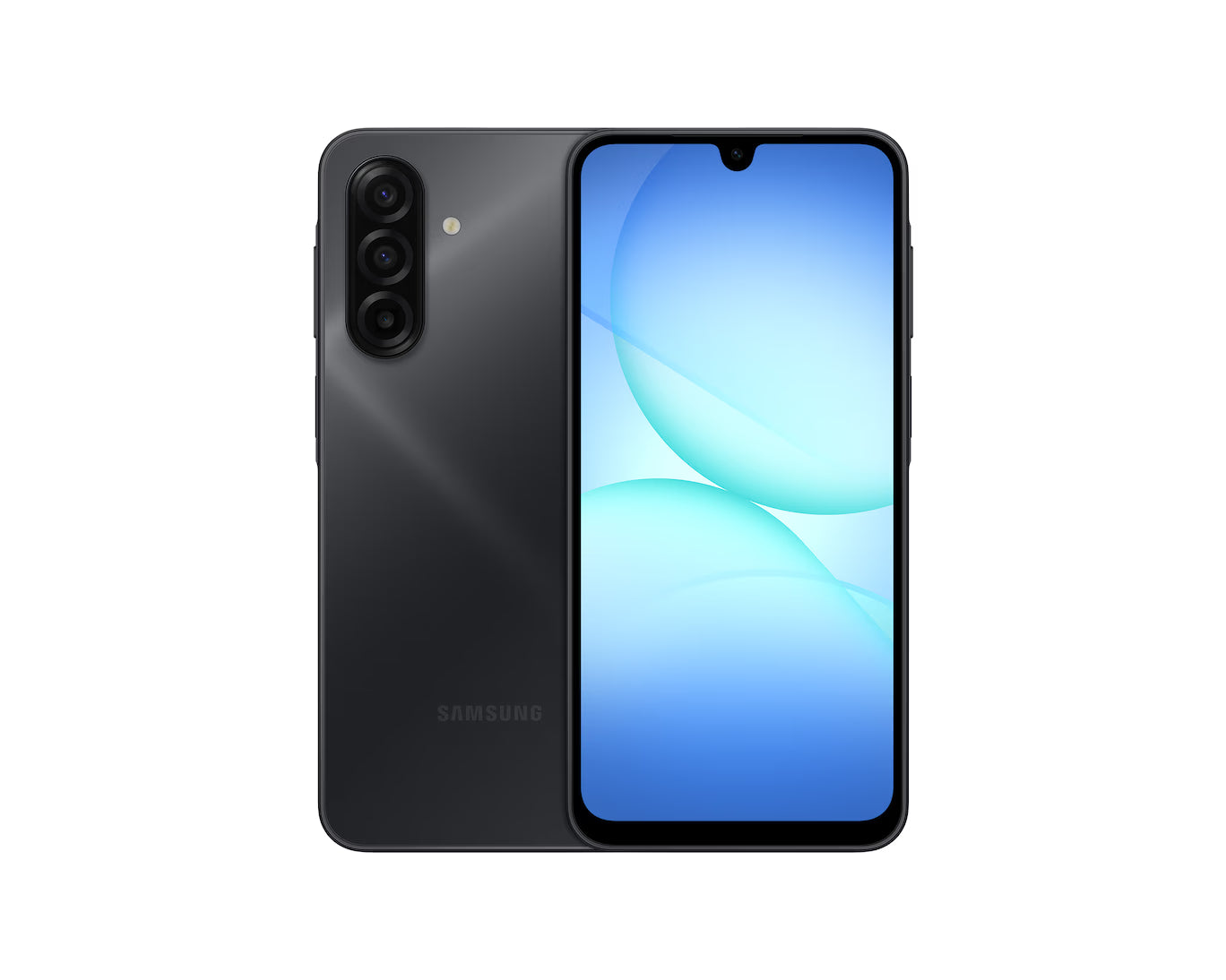 Samsung smartphone showing front and back on a white background