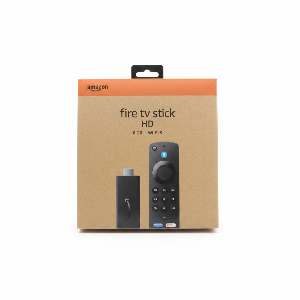 Amazon Fire TV Stick HD 8 GB Wi-Fi 5 retail packaging box, featuring a tan cardboard design with an orange top band and printed images of the black device and remote control.
