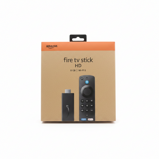 Amazon Fire TV Stick HD 8 GB Wi-Fi 5 retail packaging box, featuring a tan cardboard design with an orange top band and printed images of the black device and remote control.