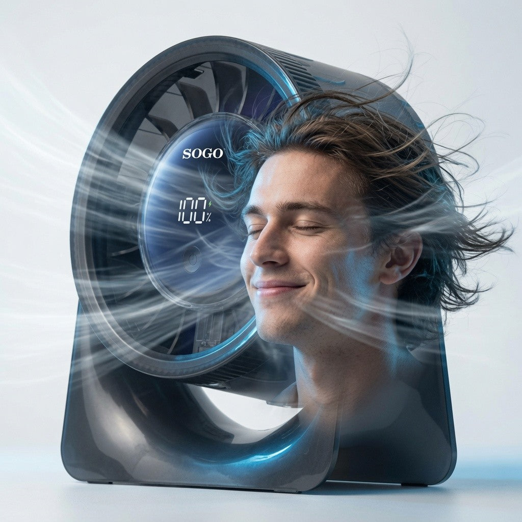 A Sogo personal fan with a circular bladeless design, shown with a smiling man in the background whose face is partially obscured by stylized airflow graphics and blue light effects.