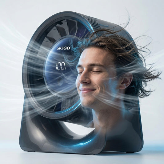 A Sogo personal fan with a circular bladeless design, shown with a smiling man in the background whose face is partially obscured by stylized airflow graphics and blue light effects.