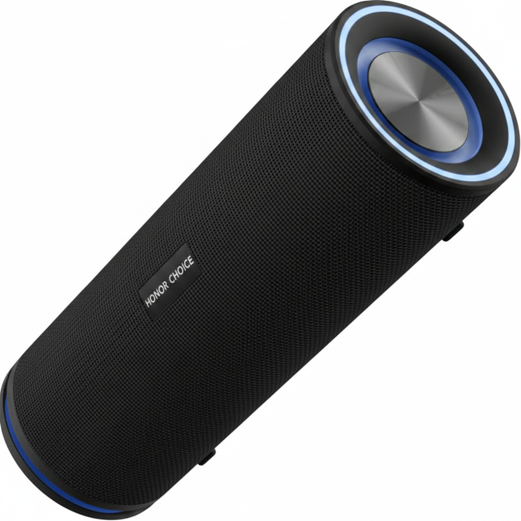 A black cylindrical portable Bluetooth speaker with a textured fabric grille, a metallic s speaker driver, and blue LED light accents, shown on a plain white background