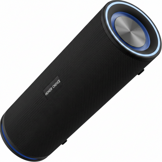 A black cylindrical portable Bluetooth speaker with a textured fabric grille, a metallic s speaker driver, and blue LED light accents, shown on a plain white background