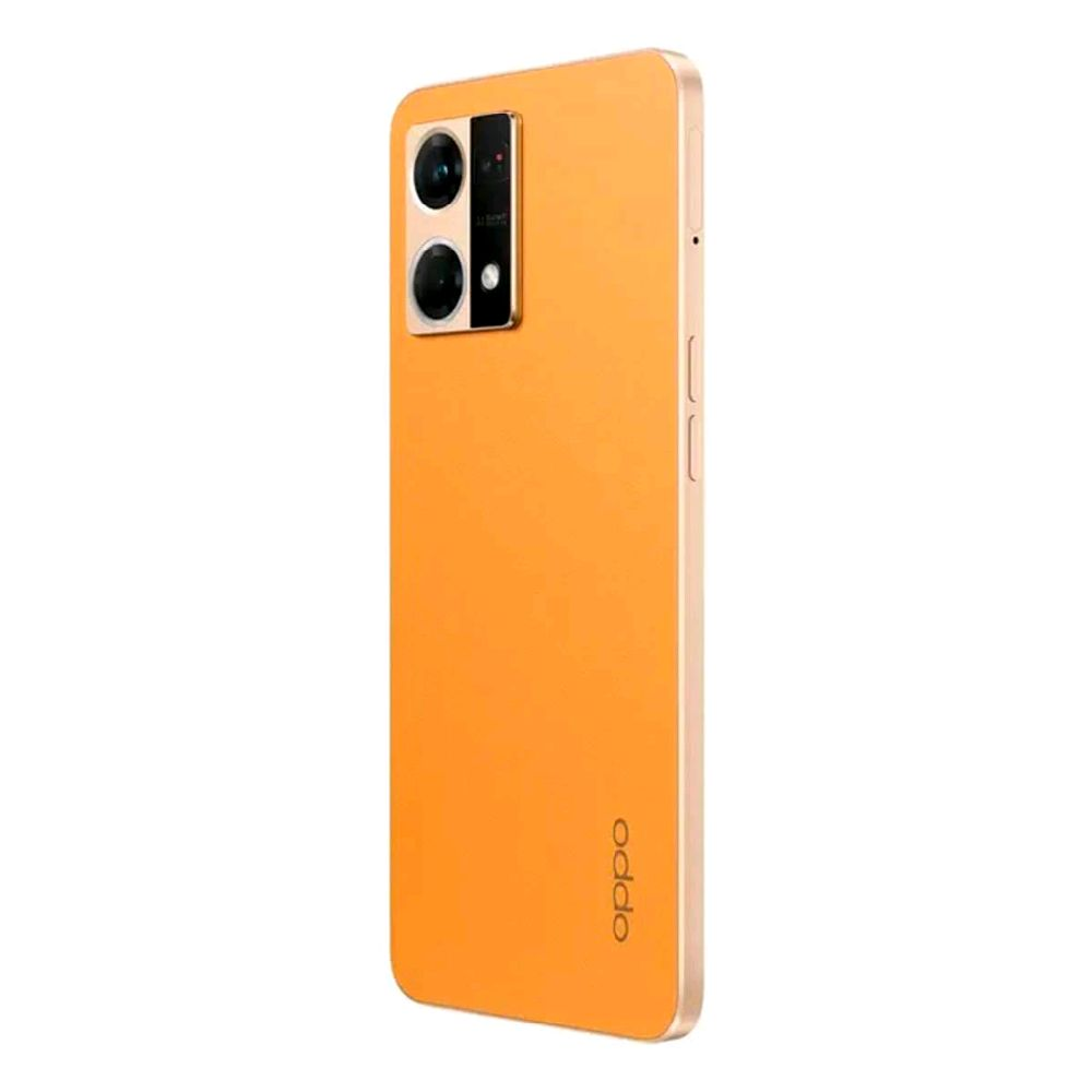 An orange OPPO smartphone shown from the back, featuring a dual-camera system in a black and gold rectangular module and the OPPO logo near the bottom, set against a plain white background.
