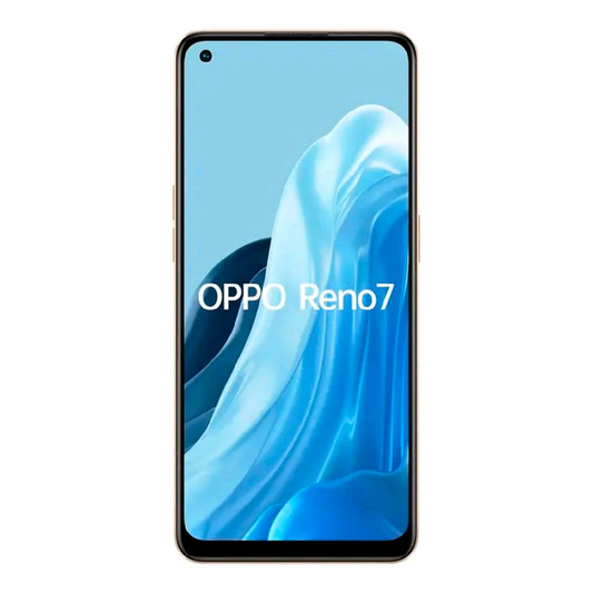Front-facing OPPO Reno7 smartphone on a plain white background, with the screen on and displaying the OPPO Reno7 text over a blue abstract wallpaper.