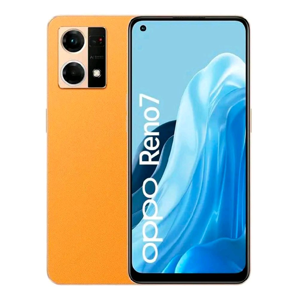An orange Oppo Reno7 smartphone shown from the back and front. The back features a dual-camera system in a metallic gold-toned rectangular module.