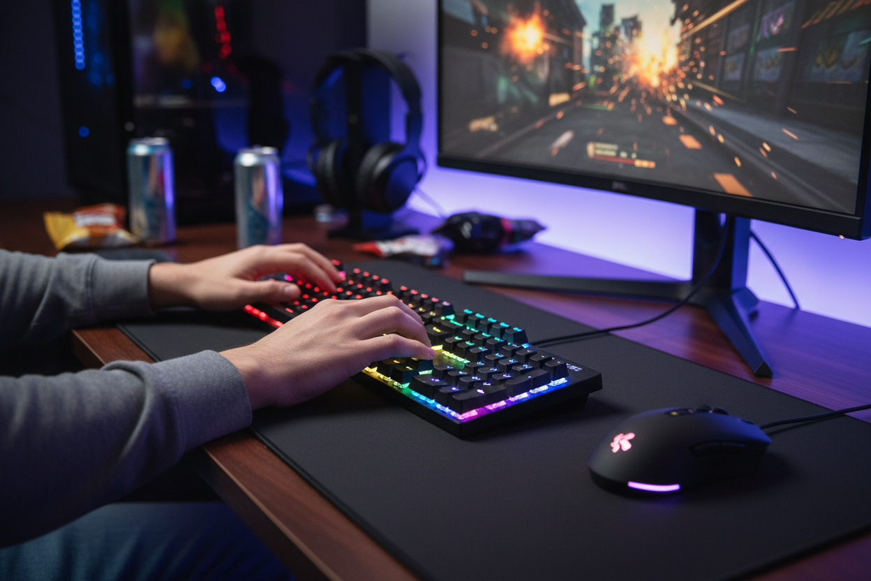 Gamer hands typing on Xtrike-ME RGB backlit gaming keyboard