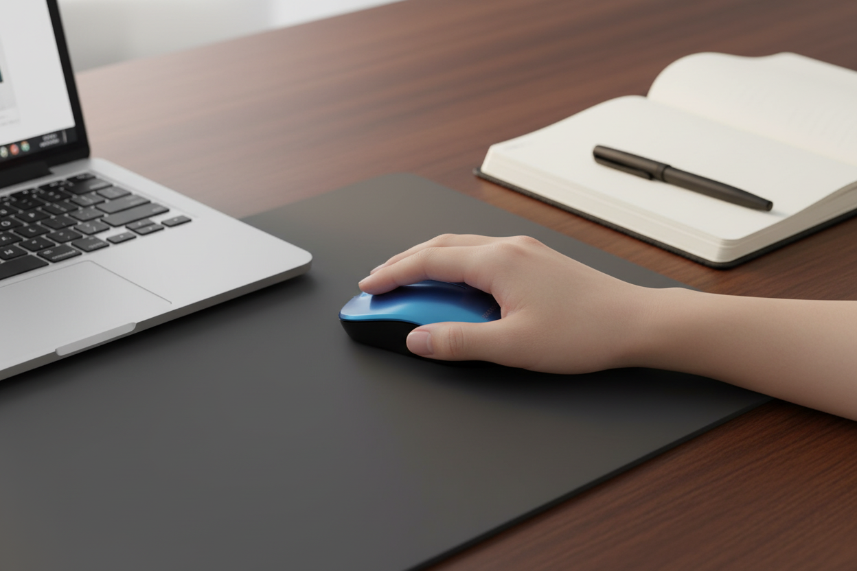 Pritech PBP-251 Blue Wireless Mouse in use on a dark stylish desk