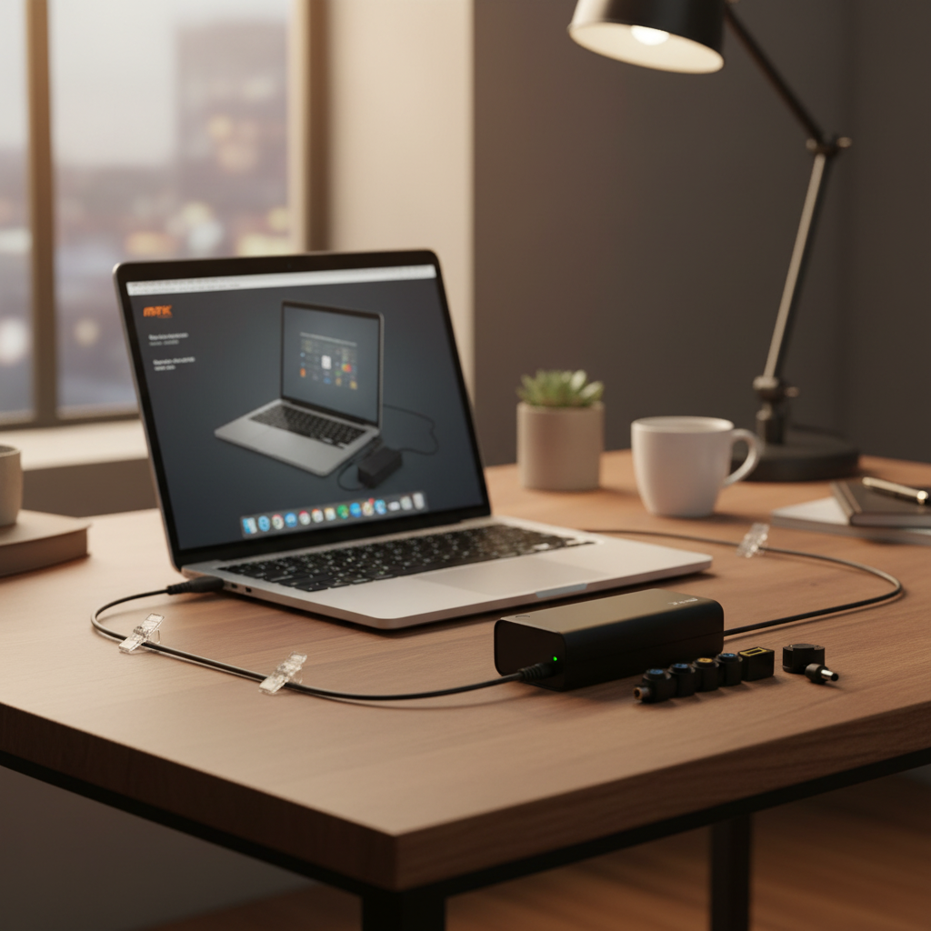 Universal laptop charger plugged into laptop on office desk