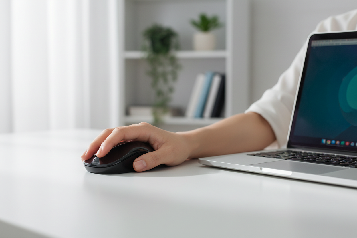 Pritech PBP-251 Black Wireless Mouse in use on a white desk with laptop