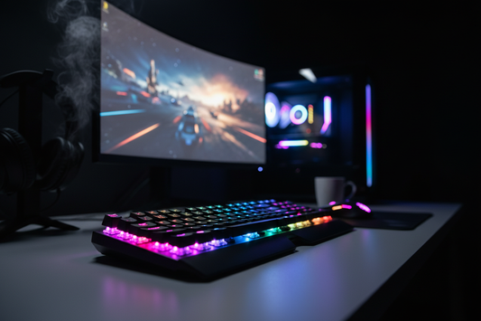Xtrike-ME RGB keyboard glowing in dark gaming room setup