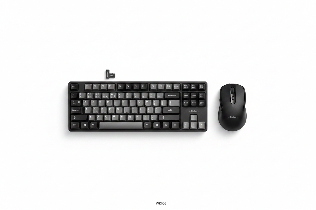 Ellie Tech WK106 wireless keyboard and mouse combo flat lay white background