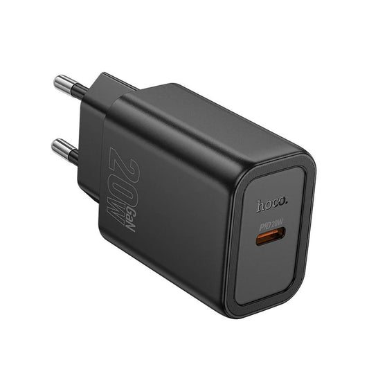 Black charging adapter with USB-C port on a white background