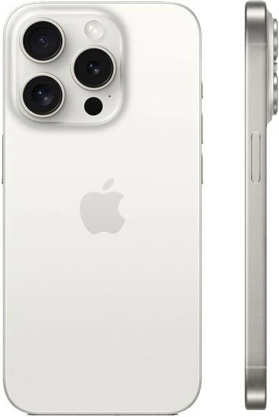 White Apple iPhone showing the back of the device with its triple-camera system and a slim side profile view on a plain white background.