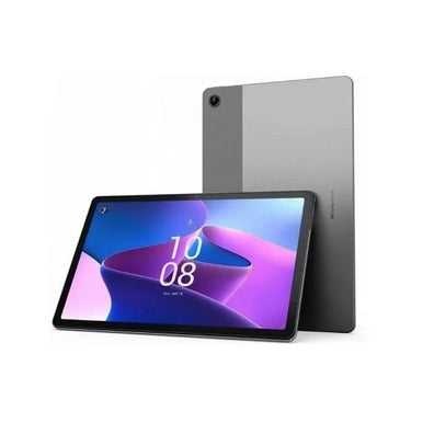 A tablet shown from the front and back on a clean white background. The front view displays a colorful screen with a digital clock, and the back view shows a dark gray metallic finish.