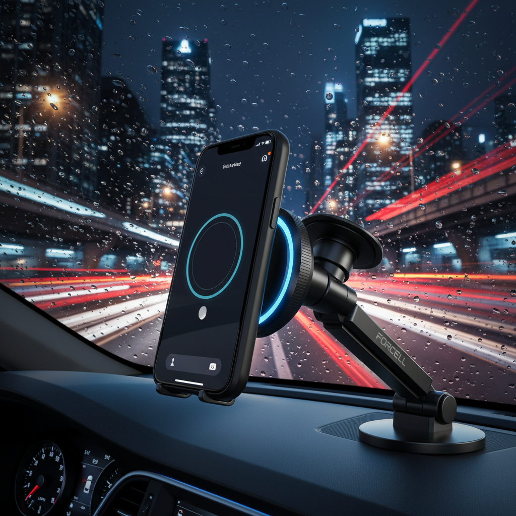 A black magnetic car phone mount with a suction cup base and adjustable arm, holding a smartphone in a car dashboard scene with a blurred city night background visible through the windshield.