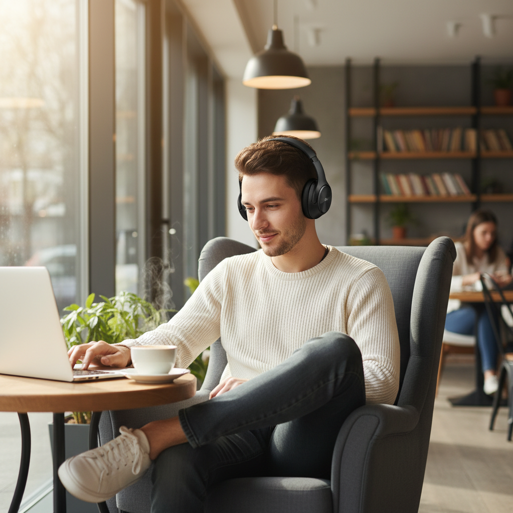 Man wearing Honor Choice Headphones in cafe