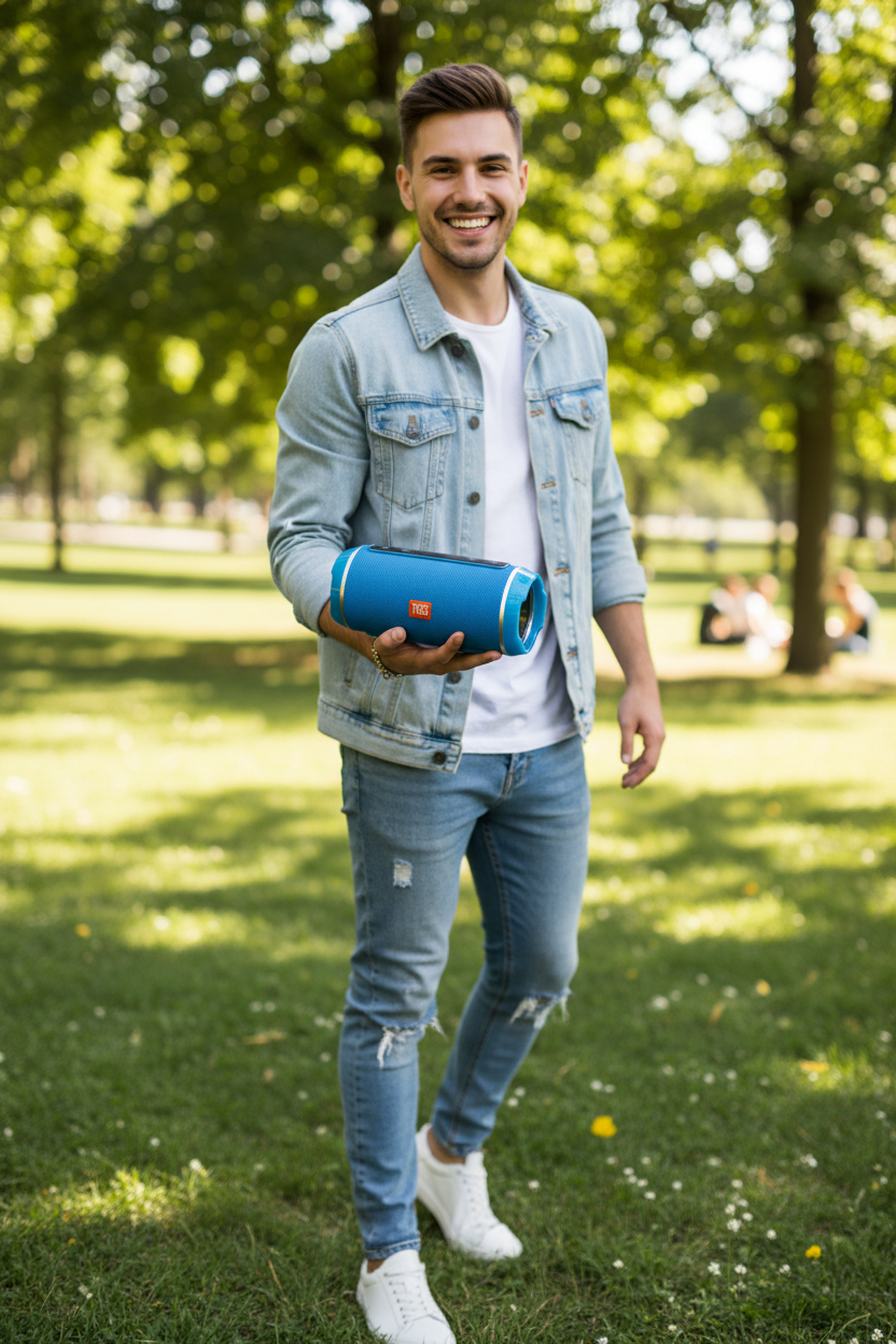 Man with speaker at park