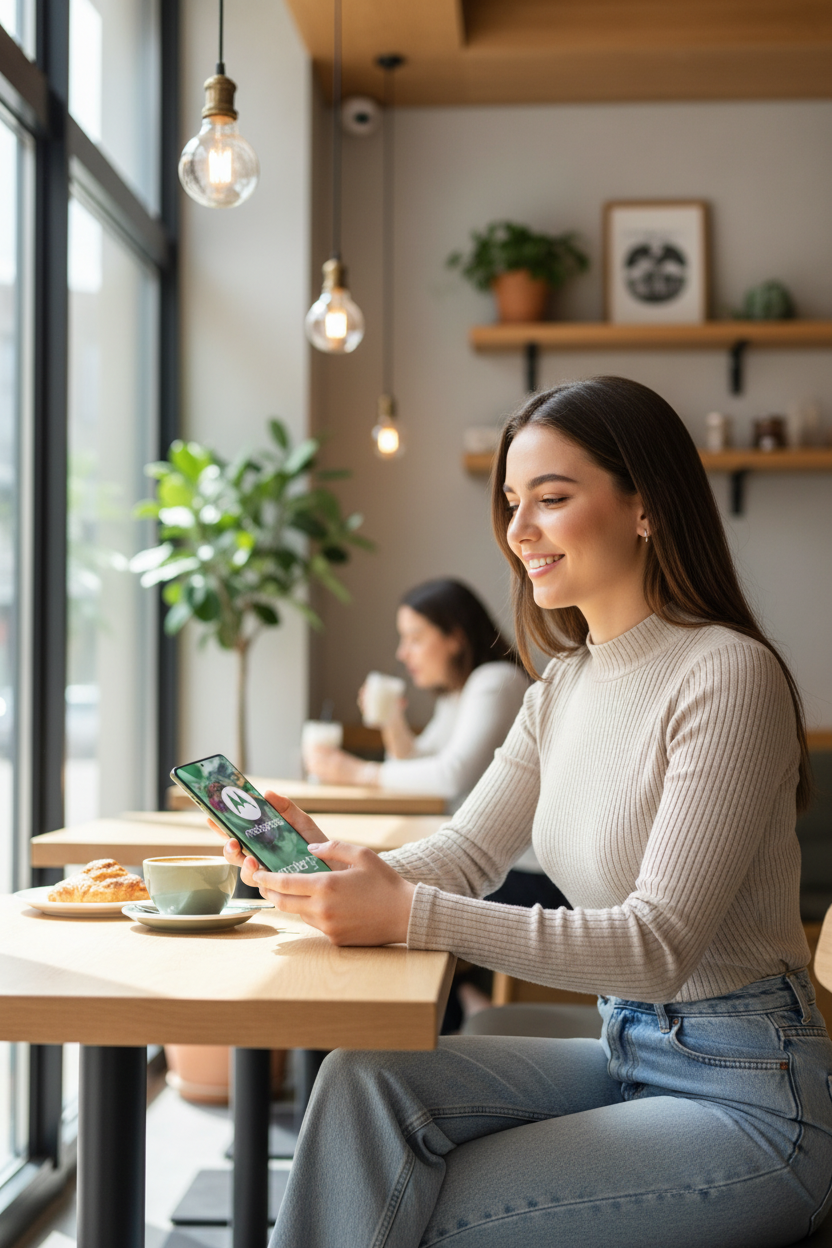 Moto G85 5G - Woman cafe lifestyle