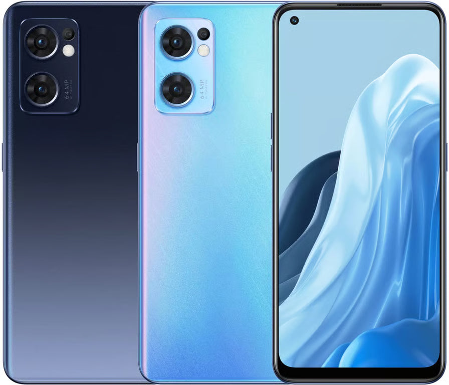 Three views of a smartphone showing its back panels from the front and rear: a dark blue-to-black gradient view on the left, a light blue-to-purple iridescent back view in the center, and a front view on the right displaying a blue abstract wallpaper.