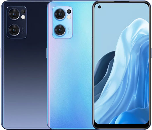 Three views of a smartphone showing its back panels from the front and rear: a dark blue-to-black gradient view on the left, a light blue-to-purple iridescent back view in the center, and a front view on the right displaying a blue abstract wallpaper.
